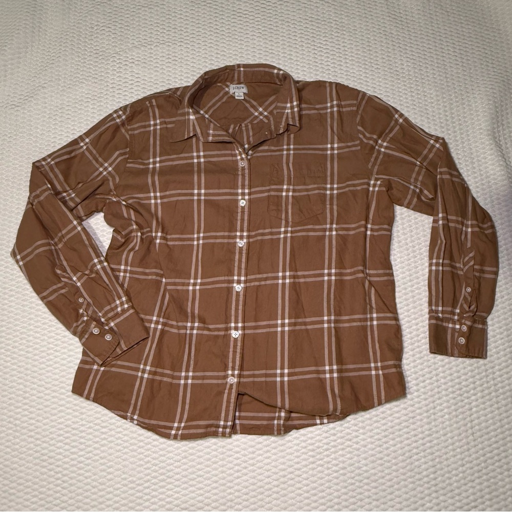 J. Crew Caramel & White Plaid Button Down Sz L (T1)